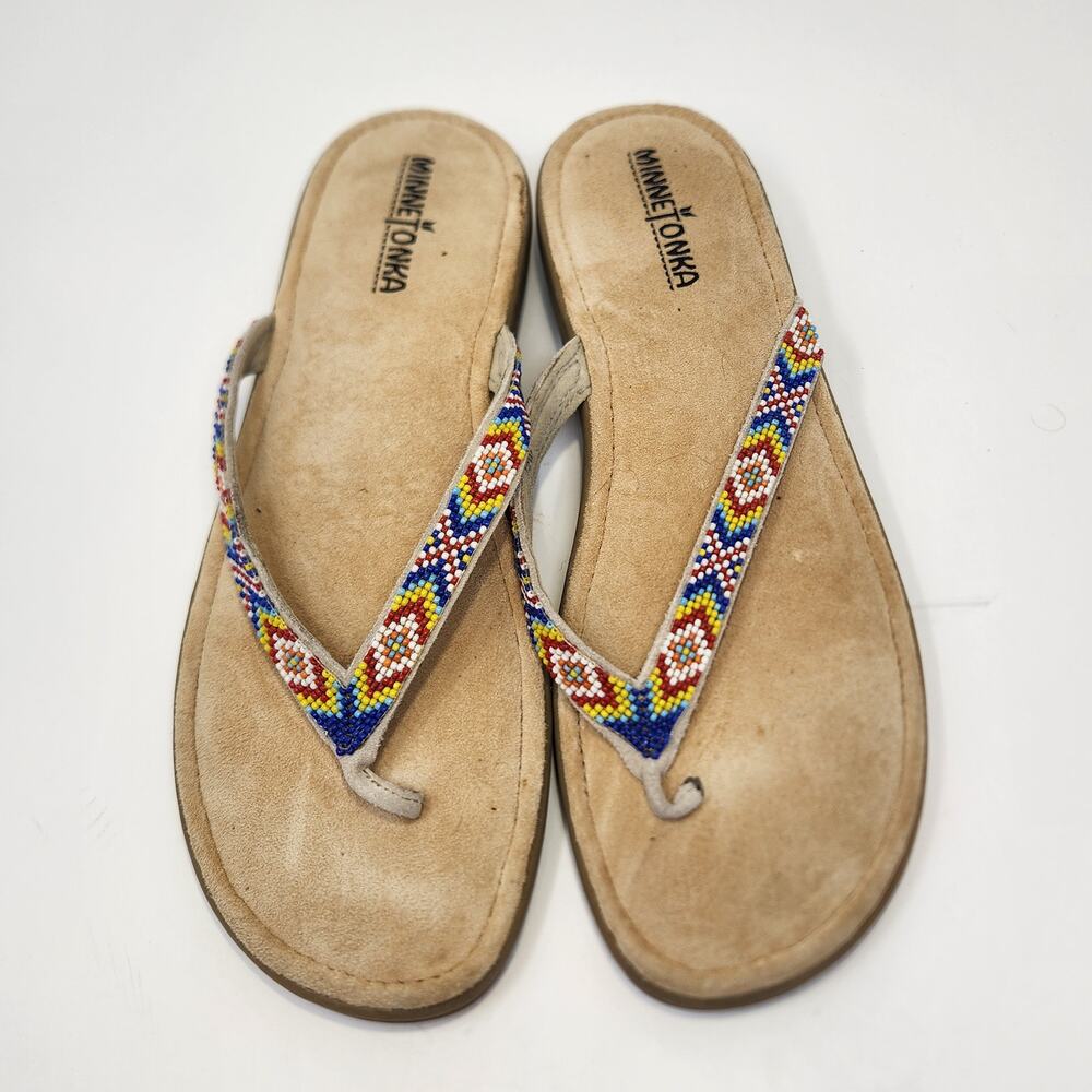 Minnetonka Beaded Thong Toe Post Sandal Leather Suede Women Size 12 W Slip On - Picture 2 of 8